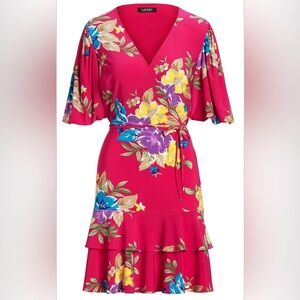 Lauren Ralph Lauren Black Label Size 22W Pink Floral Ruffle Hem Dress EUC Luxury
